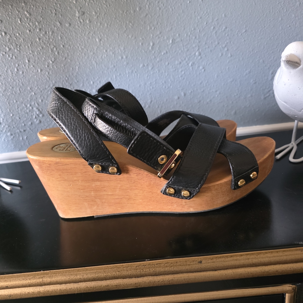 Tory Burch Black Leather Wood Platform Sandles 10.5 Medium - Picture 3 of 8